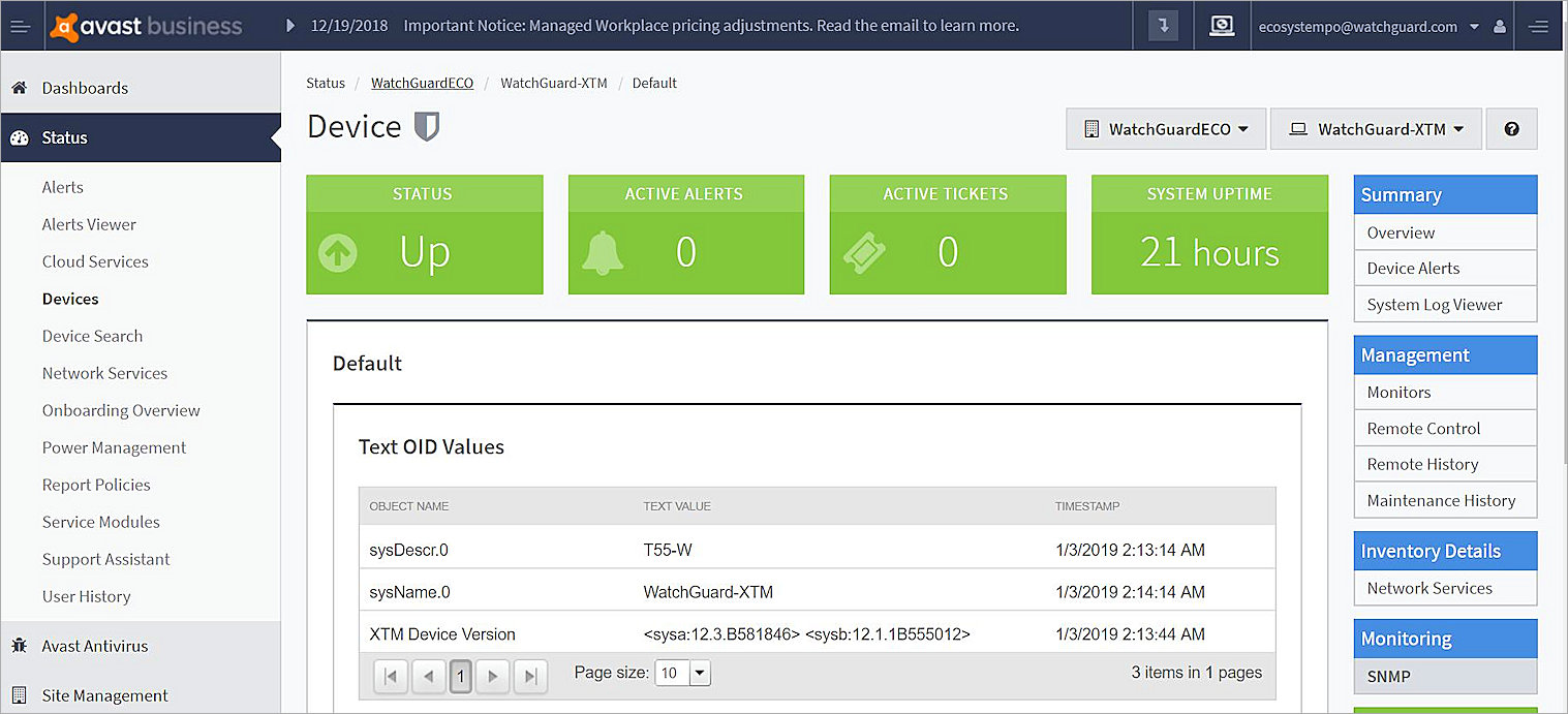 Screenshot of AVG Business, Monitoring, SNMP Text OID Values, dialog box